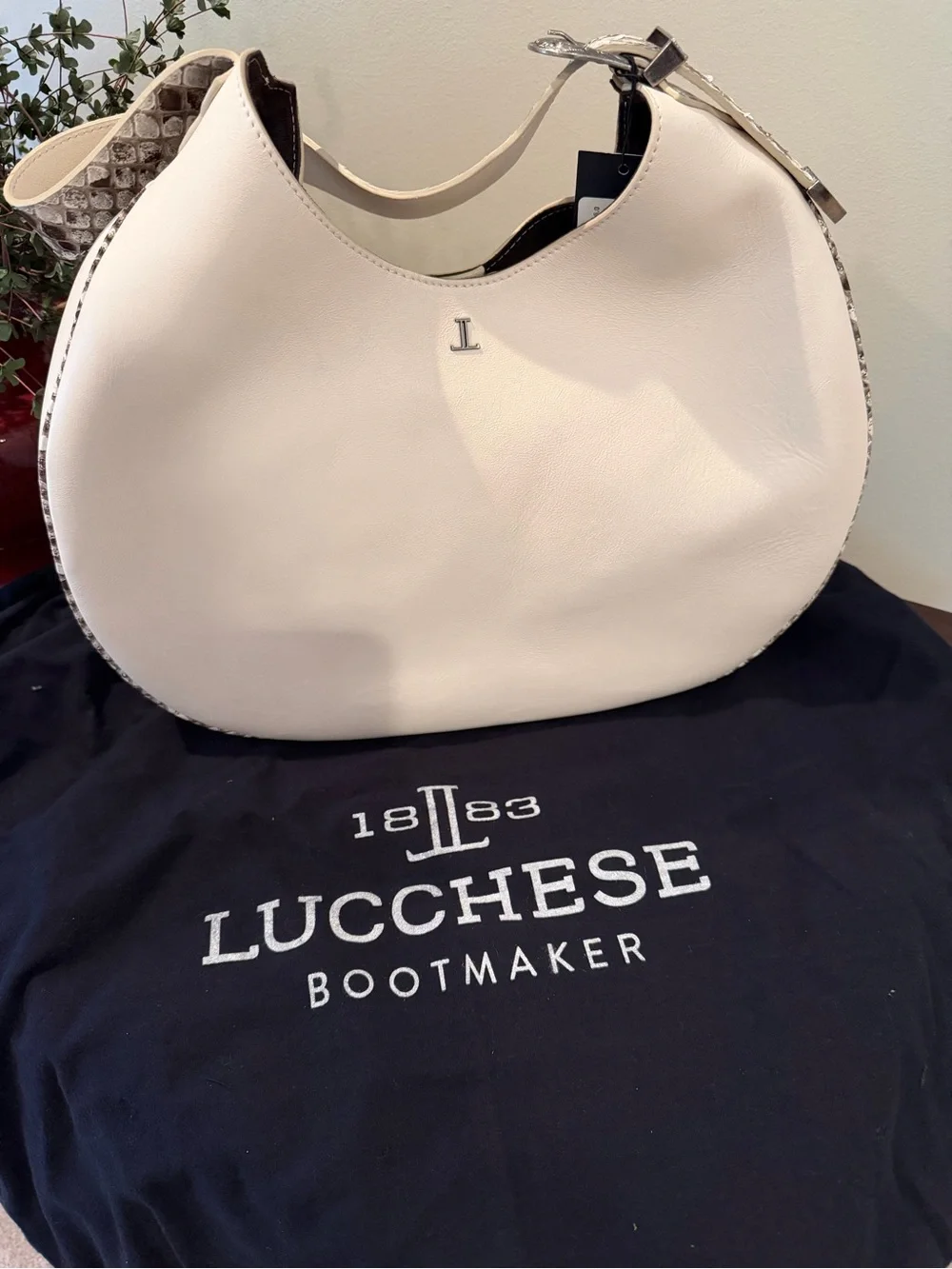 Lucchese Cream Hobo with Snake-Print Trim